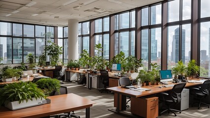 Wall Mural - 
photo of an office room with a classic, minimalist theme with lots of ornamental plants and lots of windows, made by AI generative