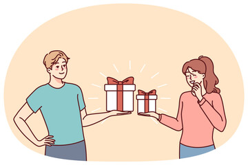 Happy couple exchange presents for valentine day. Smiling man and woman make surprise give gifts on special occasion. Vector illustration.
