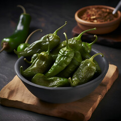 Green jalapeno peppers in a bowl on a black background