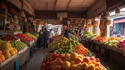 Wall Mural - photo of traditional Asian fruit and vegetable market, made by AI generative
