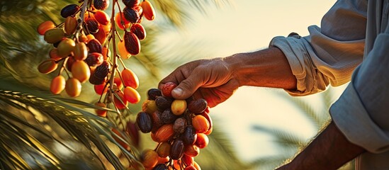 Wall Mural - Arab farmer picking sweet dates from palm trees With copyspace for text