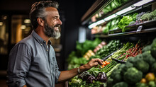 Mature man shopping in grocery store. Side view choosing fresh fruits and vegetables in supermarket. Shopping concept