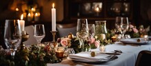 Elegantly Adorned Chalet Wedding Table With Candles Fireplace Room Banquet Dinner With Copyspace For Text