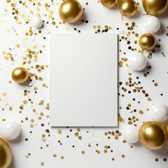 Wall Mural - Golden Celebration of White Card with Gold Confetti, Poppers, and Balloons.