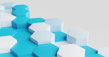 Wall Mural - honeycomb, hexagon in blue and white shades, abstract background with copy space, 3d rendering