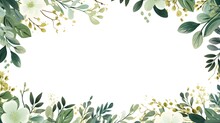 A White Background With Green Leaves And Flowers. Abstract Green Foliage Background With Negative Space For Copy.