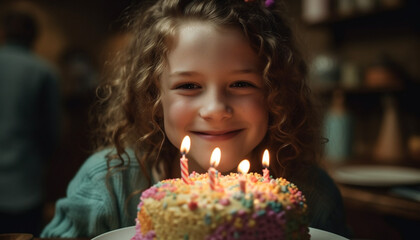 Poster - Cute Caucasian girl smiling with joy at birthday candle flame generated by AI