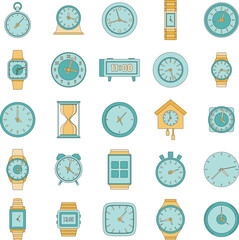 Wall Mural - Time and clock icons set. Outline illustration of 25 time clock vector icons thin line color flat on white