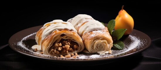 Sticker - Apple and cinnamon filled strudel next to an ice cream ball on a plate With copyspace for text