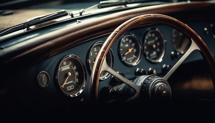 Wall Mural - Shiny chrome dashboard of vintage sports car with speedometer gauge generated by AI