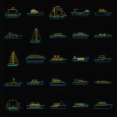 Sticker - Marine vessels types icons set. Outline illustration of 25 marine vessel type vector icons neon color on black