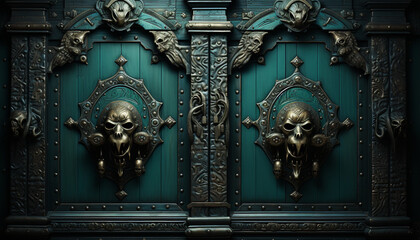 Sticker - Ancient wooden door, adorned with ornate Gothic style sculpture, exudes elegance generated by AI