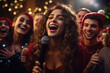 © bluebeat76 - Friends belting out holiday tunes at a karaoke-themed Christmas gathering. Generative Ai