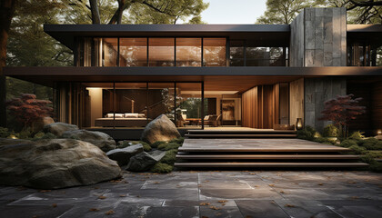 Sticker - Modern architecture blends with nature, creating a luxurious, elegant home interior generated by AI