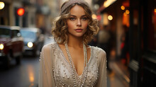 Young Beautiful Woman Dressed In A Shiny Dress In The Style Of The 20s Against The Backdrop Of A European Or American City, Retro Style, Vintage Outfit, Elegant Girl, Hair Decoration, Jewelry, Lady