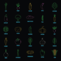 Poster - Vegetables icons set. Outline illustration of 25 vegetables vector icons neon color on black