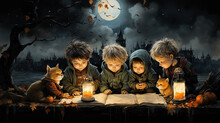 Oil Pianting Of Halloweens Concept Childrens Studeing In Below Sky At Night Time Background