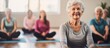 Group exercise for healthy lifestyle wellness and self care in a pilates studio focusing on yoga fitness senior women training and retirement health With copyspace for text