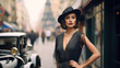 young beautiful woman dressed in a shiny dress in the style of the 20s against the backdrop of a European city Paris, retro style, vintage outfit, elegant girl, hair decoration, jewelry, lady