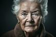 © larrui - A Portrait of Time: Elderly Woman with White Hair and Blue Eyes in a Brown Coat, ai generative