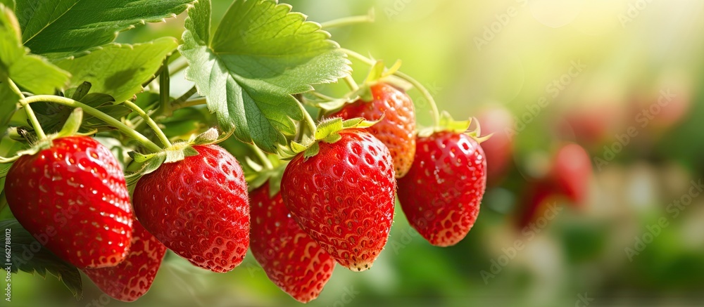 Close up of a natural strawberry bush in the garden producing ripe ...