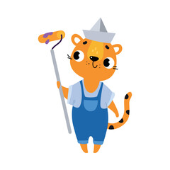 Wall Mural - Tiger Builder Character Standing in Hat and Paint Roller Vector Illustration