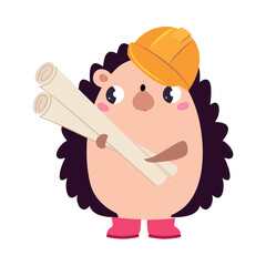 Canvas Print - Hedgehog Builder Character in Hard Hat Holding Rolled Paper Draft Vector Illustration