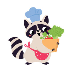 Cute Raccoon Chef Character in Toque Carry Shopping Bag for Cooking Vector Illustration