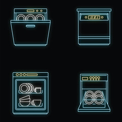 Wall Mural - Dishwasher machine kitchen icons set. Outline illustration of 4 dishwasher machine kitchen vector icons neon color on black
