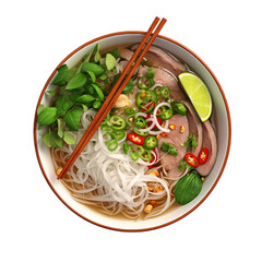 Wall Mural - pho noodle soup top view isolated on white background, ai generated