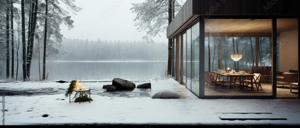 Image showcasing Modern villa facade. Winter, snowy terrace suburban house. Luxury ...
