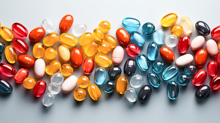 Wall Mural - Multicolor capsules and pills on the white surface. Top view. Generative AI technology.