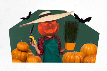 Poster - Sketch 3d picture collage of woman pumpkin instead head cutting green plant isolated on painted background