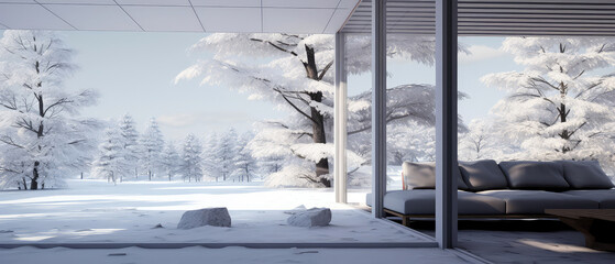 Wall Mural - Modern villa facade. Winter, snowy terrace suburban house. Luxury exterior design scene. Backyard. Vacation, wellness, resort, hotel, penthouse.Generative ai