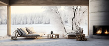 Winter, Snowy Patio Of Suburban Penthouse. Luxury Exterior Design Scene.Villa Facade, Backyard Terrace, With Couches And Lounge Chairs. Vacation, Wellness, Resort, Hotel, Penthouse.Generative Ai
