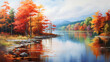Craft a scene of a serene and reflective lake surrounded by autumn foliage, with vibrant colors mirrored in the calm water, illustrating the beauty and tranquility of fall landscapes