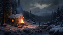 Craft A Scene Of A Remote Wilderness Cabin Nestled In A Snow-covered Forest, With Smoke Rising From The Chimney And A Pristine Winter Landscape, Evoking The Solitude And Coziness Of Remote Getaways