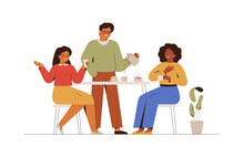 Colleagues Discuss Business Or News At Coffee Break In Office.Happy Man And Women Talking On The Kitchen.Friends Drink Coffee And Eating Cake At Home. Friendship And Work Communication Concept. Vector
