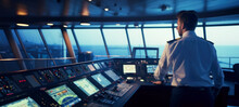 Captain In Control Of The Cruise, Navigation Officer On Watch During Cargo Operations, Security Control Room, VHF Radio, Commercial Shipping, Cargo Ship, Large Cruise Shipcabins, Blurred Image