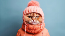 Cat Dressed In Winter Clothes Portrait On Isolated Background - Ai Generative