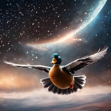 Duck Flying In The Air In Front Of An Outer Space