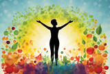 Fototapeta Do akwarium - The silhouette of a woman surrounded by fresh fruits and vegetables. Active healthy life concept
