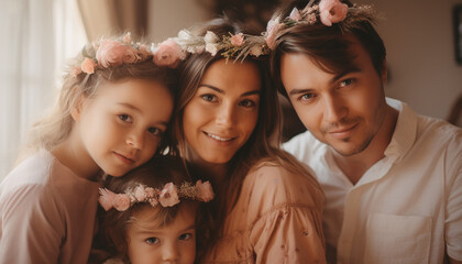 Canvas Print - Happy family bonding indoors, smiling and embracing with playful children generated by AI