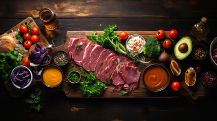 Sliced meat and fresh vegetables on a wooden table, the process of preparing meat dishes in a traditional Turkish cafe, creating menus and recipes for dishes in a restaurant and cafe