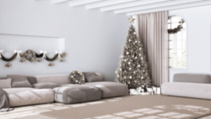 Wall Mural - Blurred background, Christmas tree and presents in modern living room with sofa and carpet. Parquet and vaulted ceiling, Modern minimalist interior design