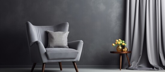 Sticker - Cozy living room with a grey armchair and curtains With copyspace for text