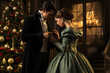Victorian Christmas Elegance with a Couple in Traditional Attire Amidst Ornate Decorations, Radiating Nostalgic Charm