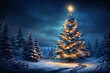Majestic Christmas Tree Adorned with Lights, Stars Twinkling Above in a Moonlit Snow-Covered Landscape