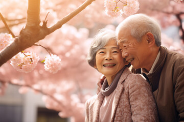 Old Asian couple embrace and smile happily among the cherry trees and falling snow. Japan romantic color of Sakura flowers background. Happy love moment in Japan with sakura trees blossom.