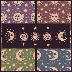 Wall Mural - moon, sun, stars with face in vintage style collection. various patterns in astrological boho style 